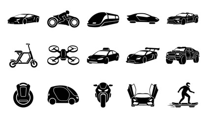 Modern and Future Urban Transportation Vehicle Silhouette Icon Set with Electric Cars, Supercars, Drones, Motorcycles, and Micro Mobility Concepts for Technology Designs © MDmasum