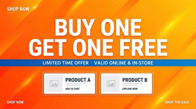 Buy One Get One Free promotional banner, orange retail sale background, limited time offer marketing layout for online shopping
