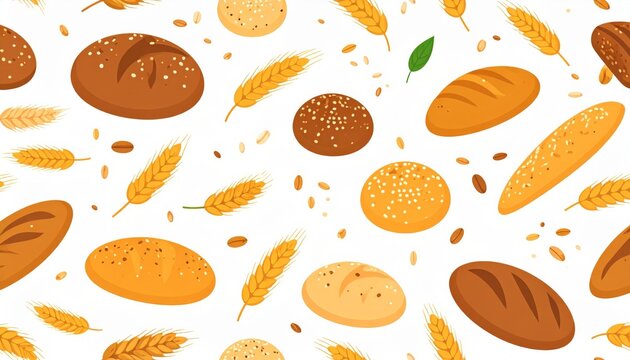 Seamless Vector Pattern with Bread, Bakery Pastries, Croissants, Baguettes, Buns, Cookies and Sweet Baked Goods on a White Background
