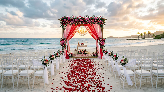Beach wedding ceremony with floral arch and rose petals.