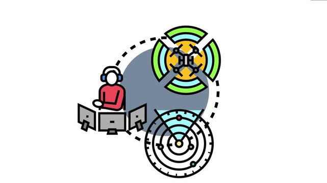Person working at multiple screens with headphones, managing unmanned aerial system operations and monitoring flight paths using a radar, advanced concept of urban air mobility