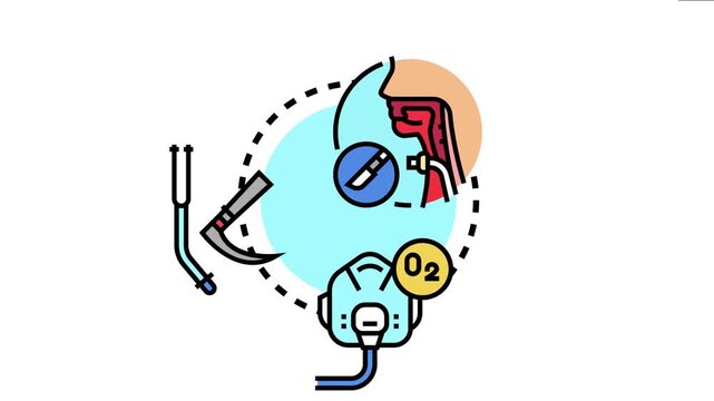 Medical conceptually depicting various tools and procedures for emergency airway management. Including oxygen therapy. Intubation. And surgical cricothyrotomy