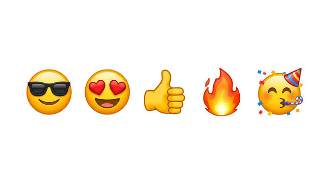 Set of popular social media emojis including sunglasses, heart eyes, thumbs up, fire and party