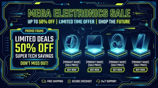 Futuristic mega electronics sale banner, neon cyber tech promotion frame, digital gadget discount flyer with hologram icons