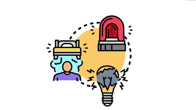 Person feeling stress and fear, depicted with a siren for alarm and a broken light bulb for fright, concepts of panic, anxiety, and mental health challenges