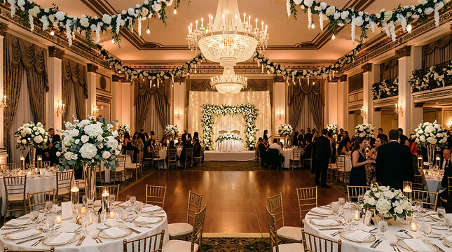 Elegant Ballroom Wedding Reception with Guests and Decor.