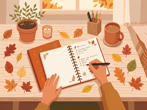 Gratitude journal writing with autumn leaves on desk flat vector illustration