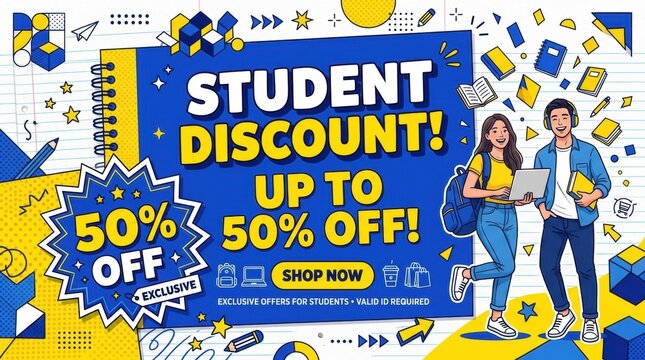 Student discount banner with 50% off promotion, vibrant back to school sale poster, college education marketing flyer with characters