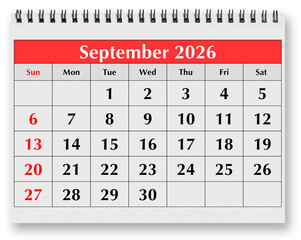 Fototapeta premium One page of the monthly calendar - autumn month september 2026