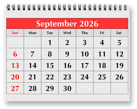 One page of the monthly calendar - autumn month september 2026
