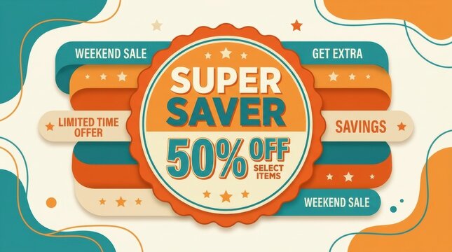 Retro Super Saver 50% off sale banner, vintage weekend discount promotion, limited time offer retail marketing graphic
