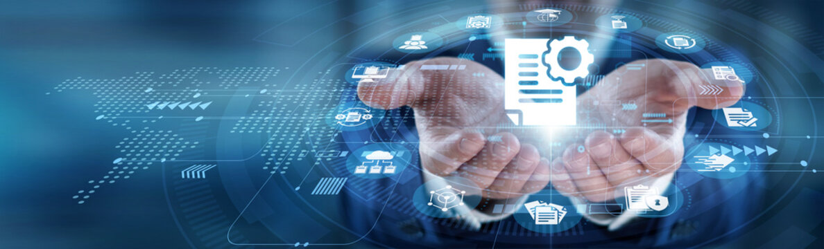 Organized file storage. Content accessibility. Efficient retrieval systems. Version control. Secure information. Clerk hands hold Document Management binder, sorting files for easy access.