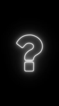 Glowing white neon question mark sign on black background, minimalist concept for faq and problem solving