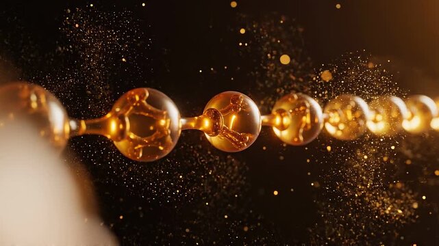 Abstract microscopic chain of glowing golden spheres representing molecular structure or chemical bonding.