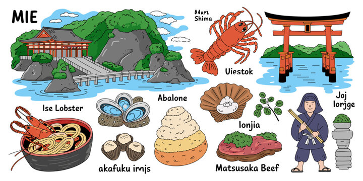 Mie Japan Travel Landmarks Cuisine and Culture Doodle Collection