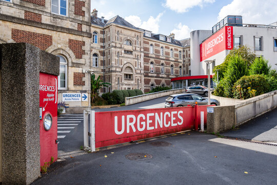Cherbourg, France - July 20, 2026: General view of the entrance of the adult emergency service at the Louis Pasteur Hospital, open in 1860, part of the Cotentin Public Hospital Center, on a sunny day.