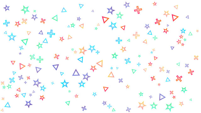 Colorful geometric confetti pattern with pastel stars triangles and crosses falling on white background