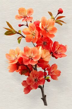 Japanese-inspired autumn sakura branches with warm coral and orange blossoms, flowing botanical composition.