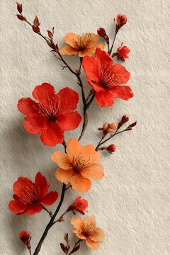 Premium fine art poster of autumn cherry blossoms, layered coral, apricot, burnt orange and gold petals, delicate botanical branches.