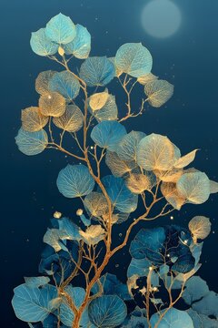 Luxury moonlit botanical wall art, elegant botanical branches with delicate leaves, metallic gold foil veins, deep navy blue background.