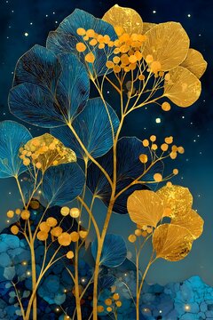 Luxury moonlit botanical wall art, elegant botanical branches with delicate leaves, metallic gold foil veins, deep navy blue background.