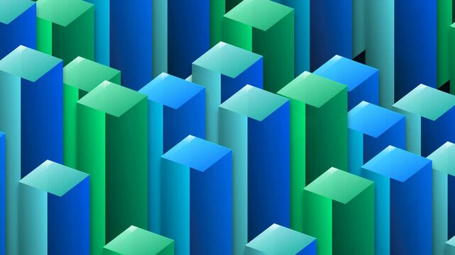 Isometric 3D blue and green blocks forming an abstract background in digital space.