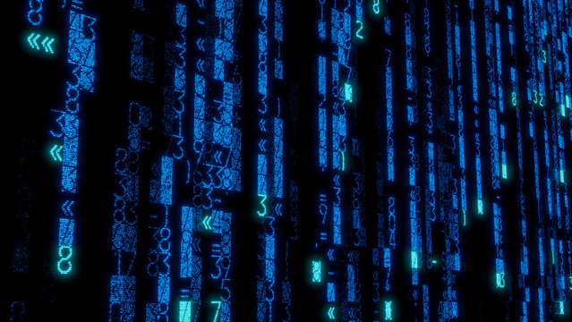 Close-Up of Dense Array of Bright Blue and Green Binary Code on Dark Background, Showcasing High Detail and Clarity for Gaming and Technology Visuals