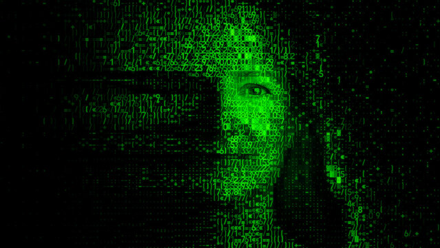 Human Face formed from Computer Code. Facial Recognition Login Concept.