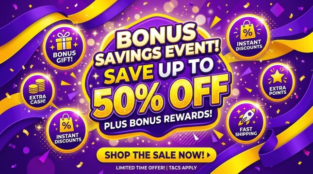 Bonus savings event banner, purple and gold promotional sale background, 50 percent off discount flyer with rewards icons
