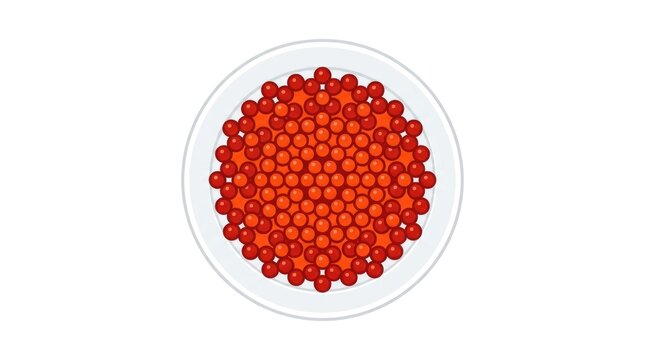 Top down view of a bowl filled with red caviar.