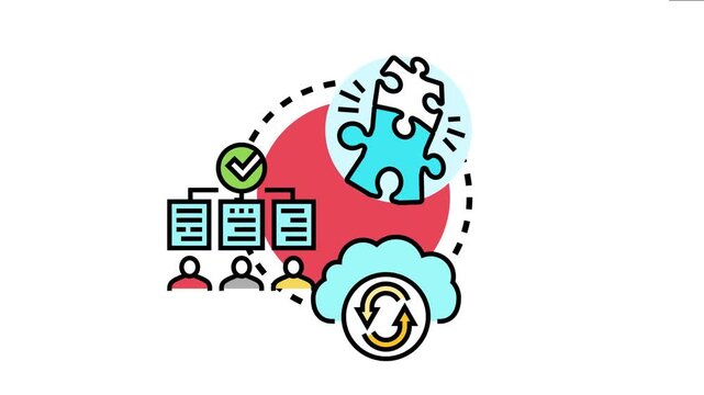 Business operations aligning strategies, collaborating in teamwork, and implementing solutions for continuous progress, management, and problem solving through an iterative process