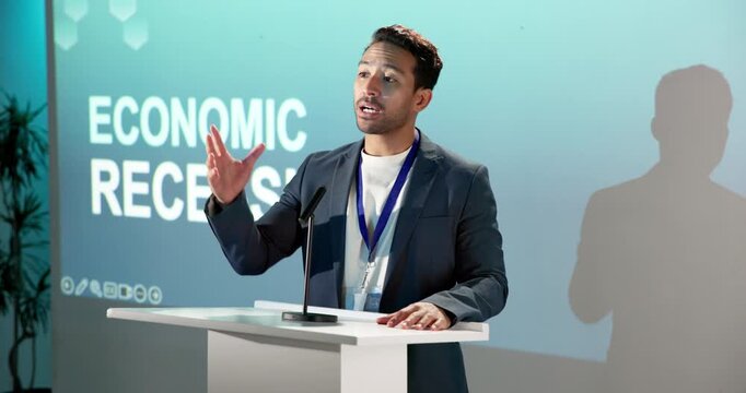 Businessman, presentation and talk in seminar with advice, projector and economic recession update. Economist, person and speaking in conference for inflation issue, financial crisis and fall of GDP.