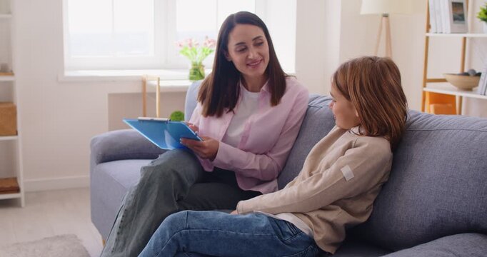 Child psychological support, teen psychologist help, therapy guidance for boy, female doctor meets asking, consulting, testing individual cognitive, emotional abilities, counseling talking therapy