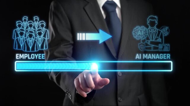 Business Transition From Employee to AI Manager with Futuristic Interface Displaying Digital Transformation Concepts. Liminal.