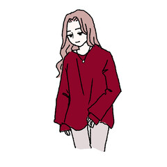 Young woman in oversized red sweater illustration