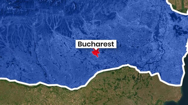 Romania Map Zooming In, Highlighting Capital City Bucharest Location