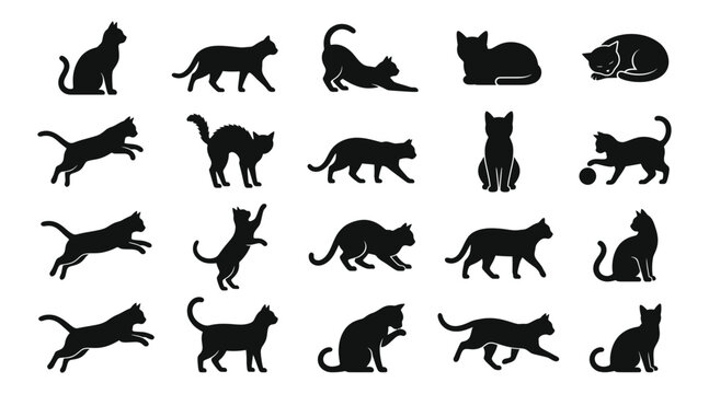 Black cat silhouettes vector set collection of pet cats in various poses such as sitting, walking, stretching, jumping, playing, and sleeping