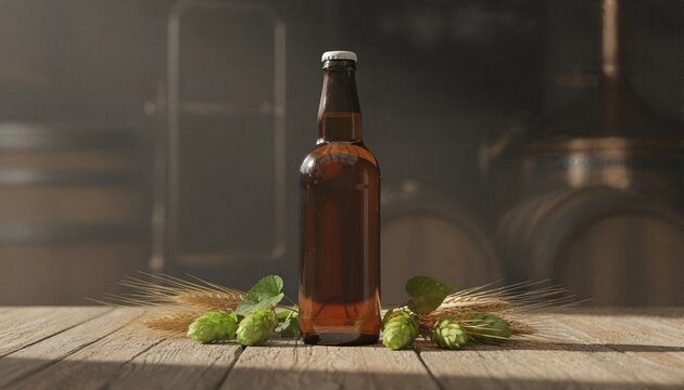 Amber glass beer bottle on a rustic wooden table surrounded by fresh hops and golden barley