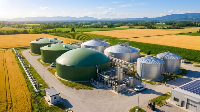 Aerial view of a modern biogas plant with green and metallic storage tanks amidst agricultural fields