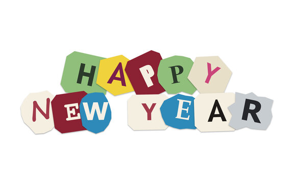 Happy new year ransom note style text made from cutout colorful paper letters with colorful