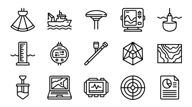 Marine sonar and hydrography icons, 15 ocean floor mapping vector symbols, underwater survey and bathymetry equipment set