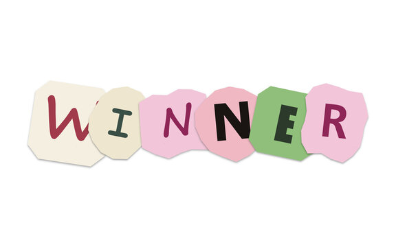 Winner letters crafted from colorful ransom note style paper cutouts with colorful, typography