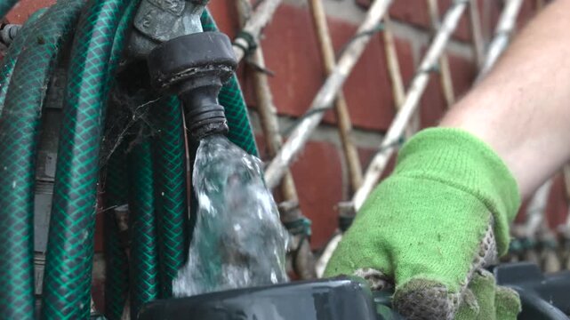 Watering can filling from outdoor metal tap as water flows through a plastic hose connector and wrapped garden hose. Close-up static shot for gardening and home maintenance use.