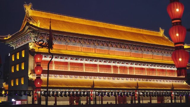 Visit China and enjoy beautiful ancient architecture, illuminated tower in Xian. Explore unique asian region, inspired by beautiful architectural landmarks, save heritage, popular tourist attraction