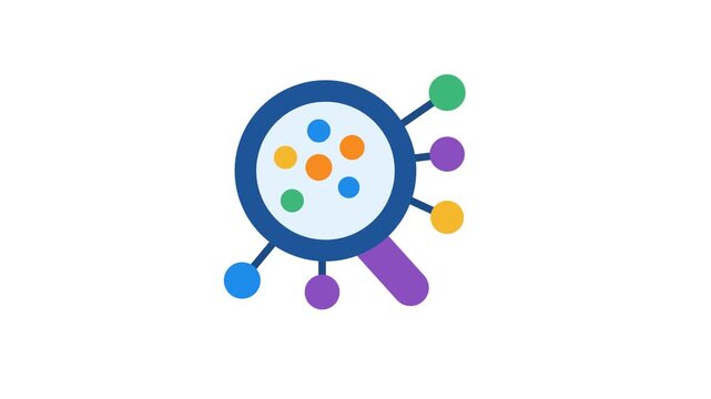 Animated magnifying glass icon ai exploring colorful data dots in minimalist motion graphic concept