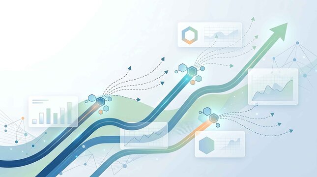 Abstract business growth concept with upward arrows, data visualization charts, and interconnected hexagons representing technological strategy and progress.