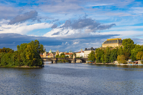 View from riverbank in Smichov on the National Theatre in Prague