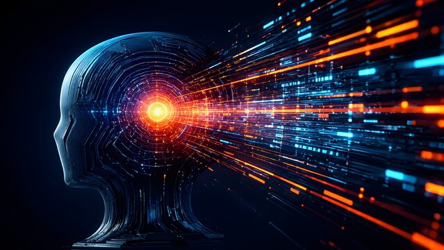 Visualizing the powerful concept of artificial intelligence, where the human brain processes vast data and sparks innovative insights and technological advancements.