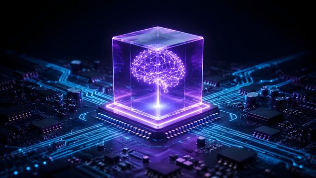 AI brain inside a glowing cube on a high-tech circuit board, symbolizing artificial intelligence, machine learning, and advanced computing for future technology innovation.