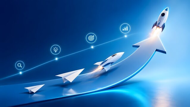 Digital business growth concept showing rockets launching along an ascending arrow, symbolizing success, innovation, and strategic progress towards future goals.